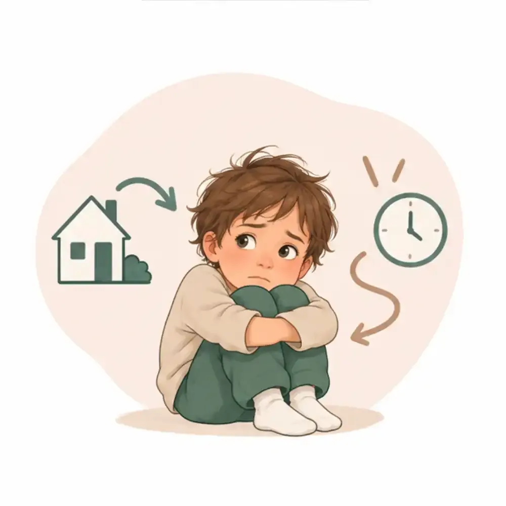 Ilustración de un niño abrazando sus rodillas, preocupado por un cambio de rutina