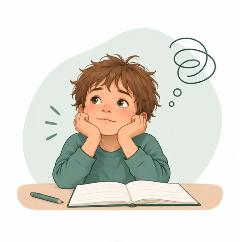 Ilustración de un niño frente a un libro abierto, sin empezar