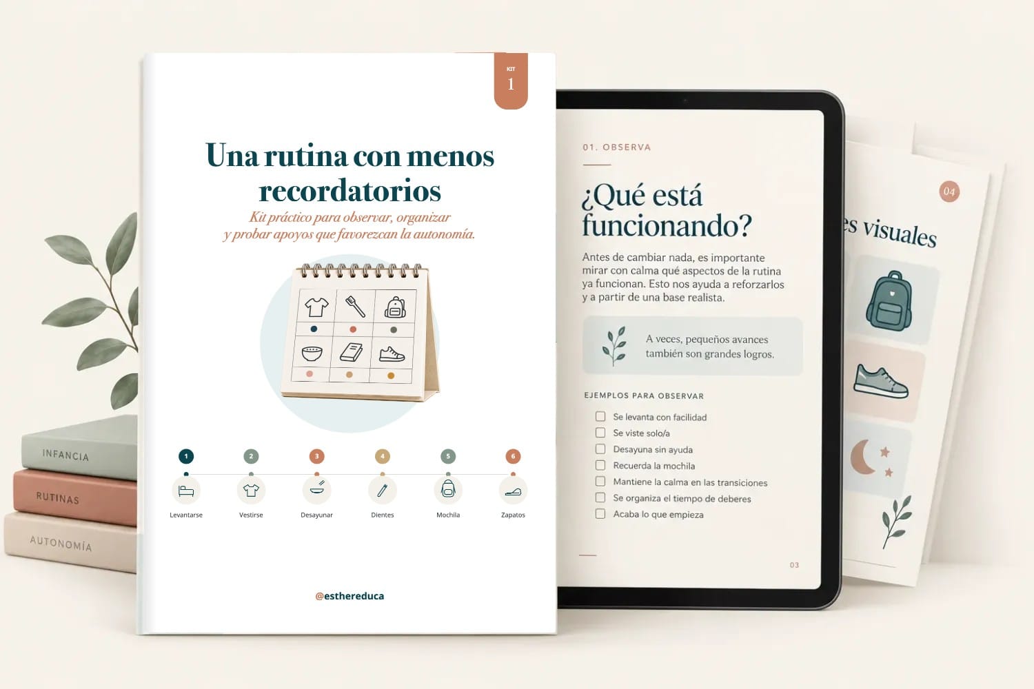 Kit gratuito «Una rutina con menos recordatorios» de EstherEduca: cuadernillo, tablet y fichas