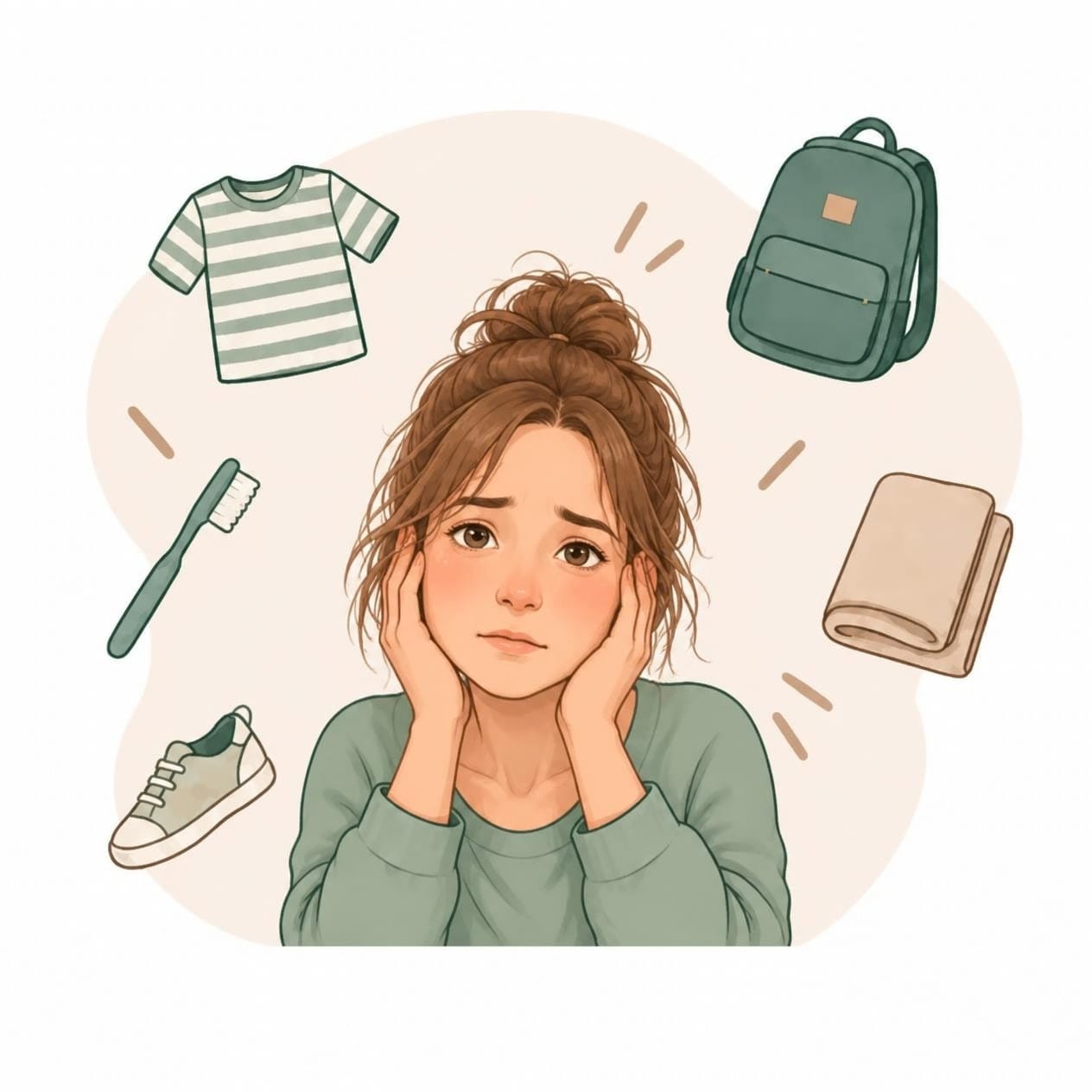 Ilustración de una madre joven agobiada rodeada de ropa, mochila y cepillo de dientes