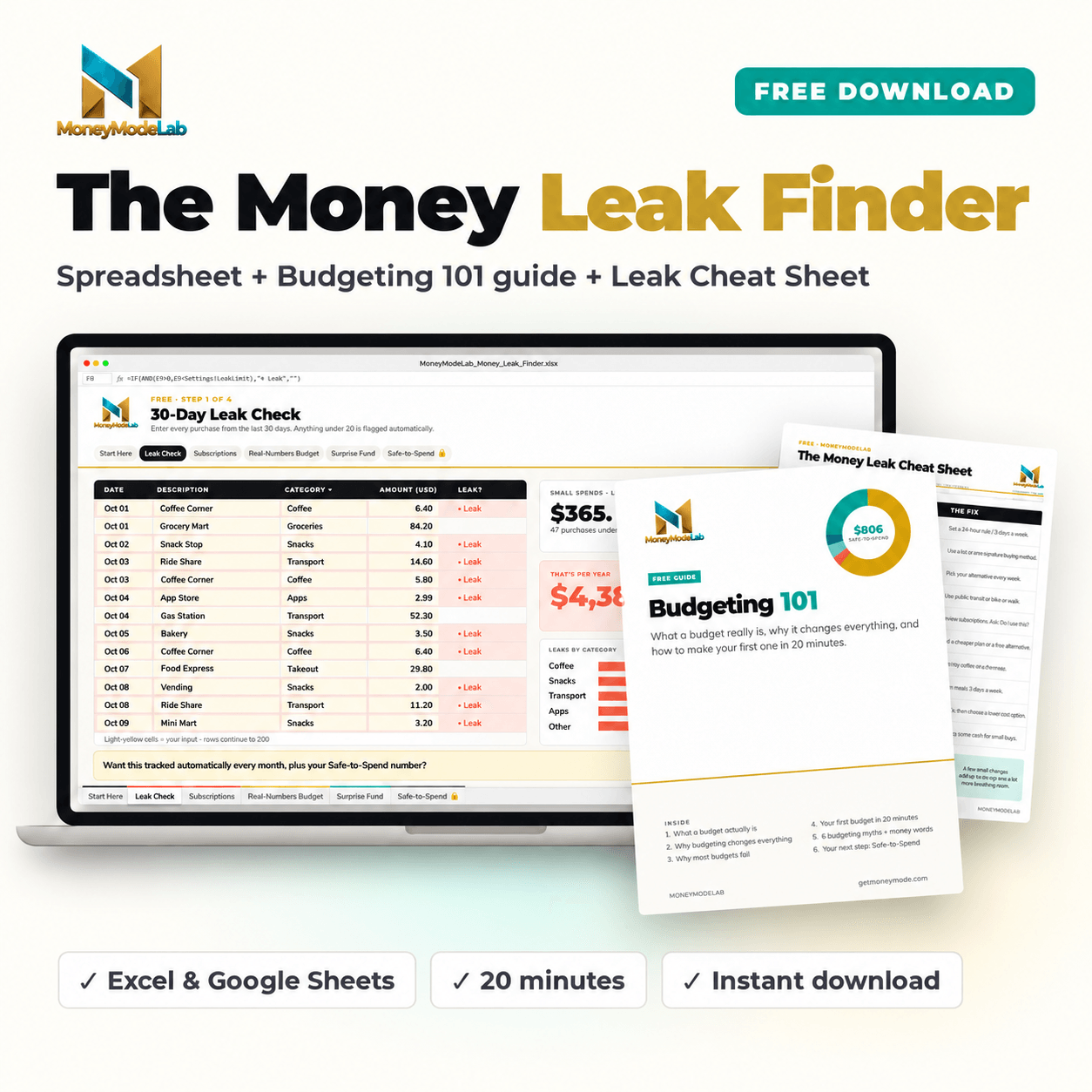 The free Money Leak Finder spreadsheet, Budgeting 101 guide and cheat sheet