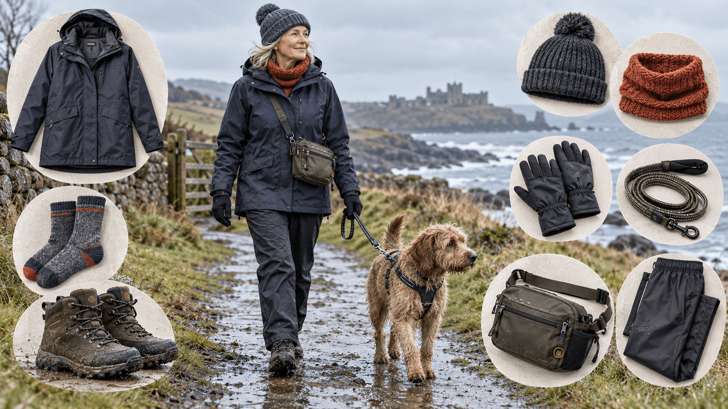 Woman walking a dog in wet winter weather with waterproof coat, boots, gloves, hat, snood and dog-walking accessories