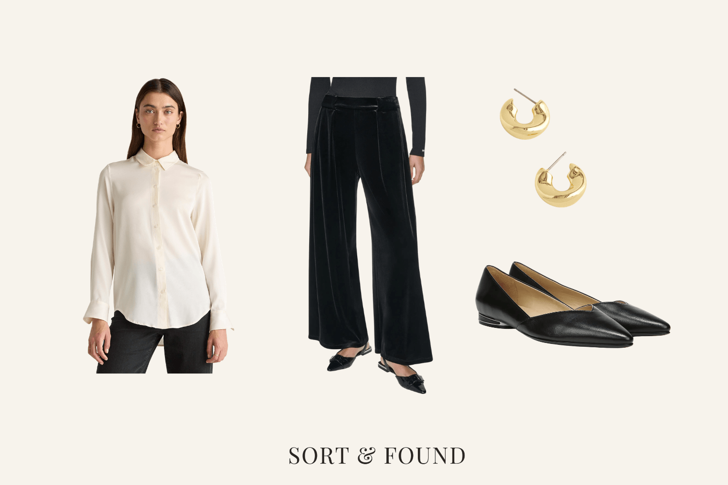 Ivory silk blouse, black velvet trousers, pointed black flats and gold hoops
