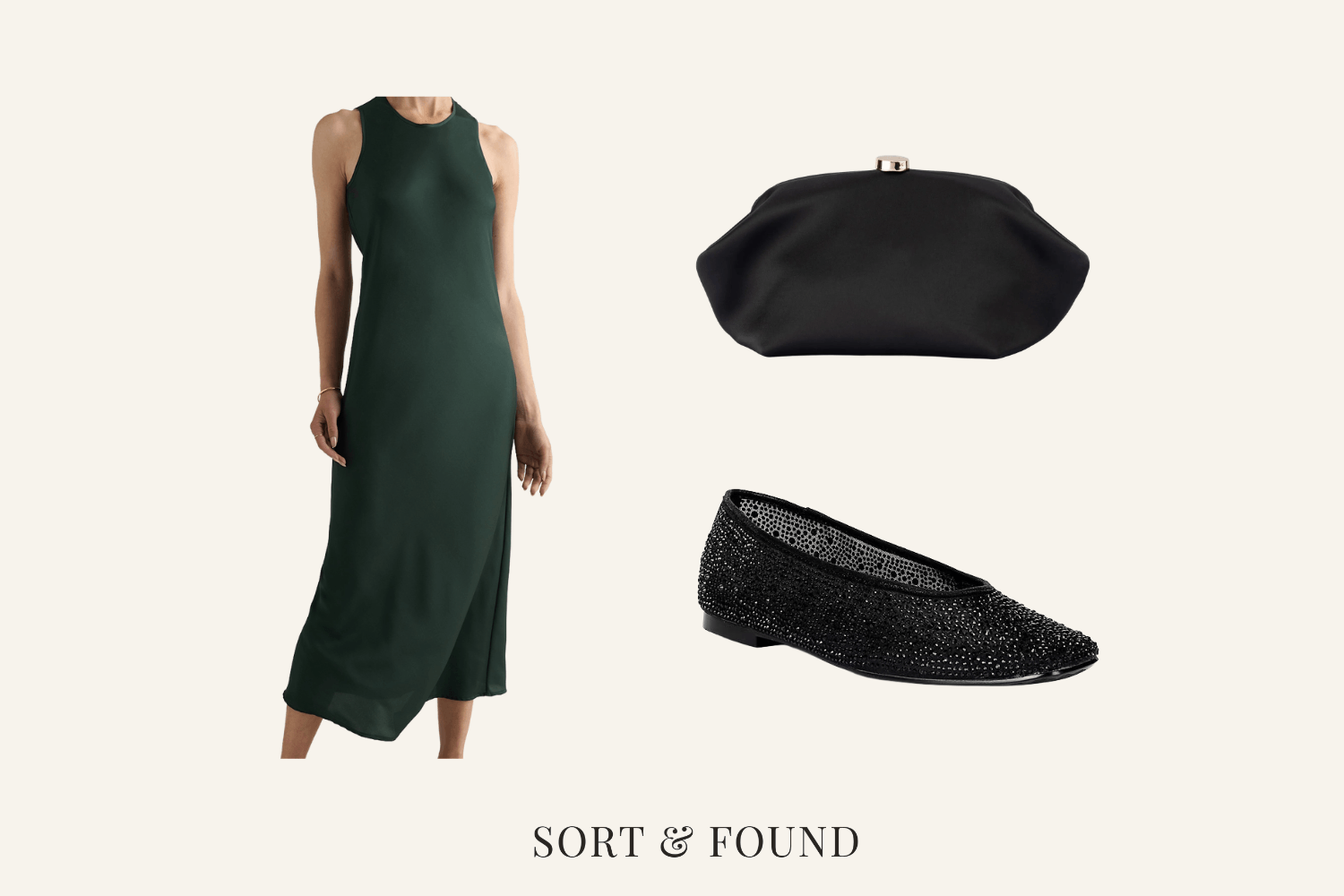 Forest-green silk midi dress paired with black rhinestone mesh flats and a black satin clutch.