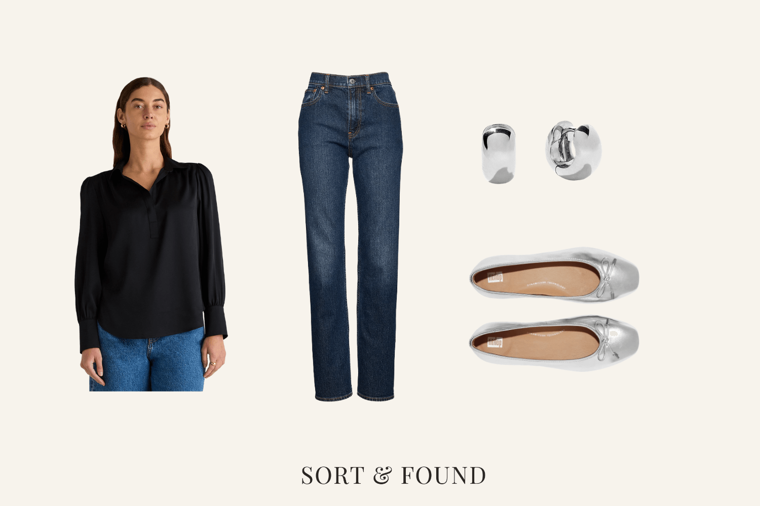 Black silk blouse, dark straight-leg jeans, silver ballet flats and silver hoop earrings.