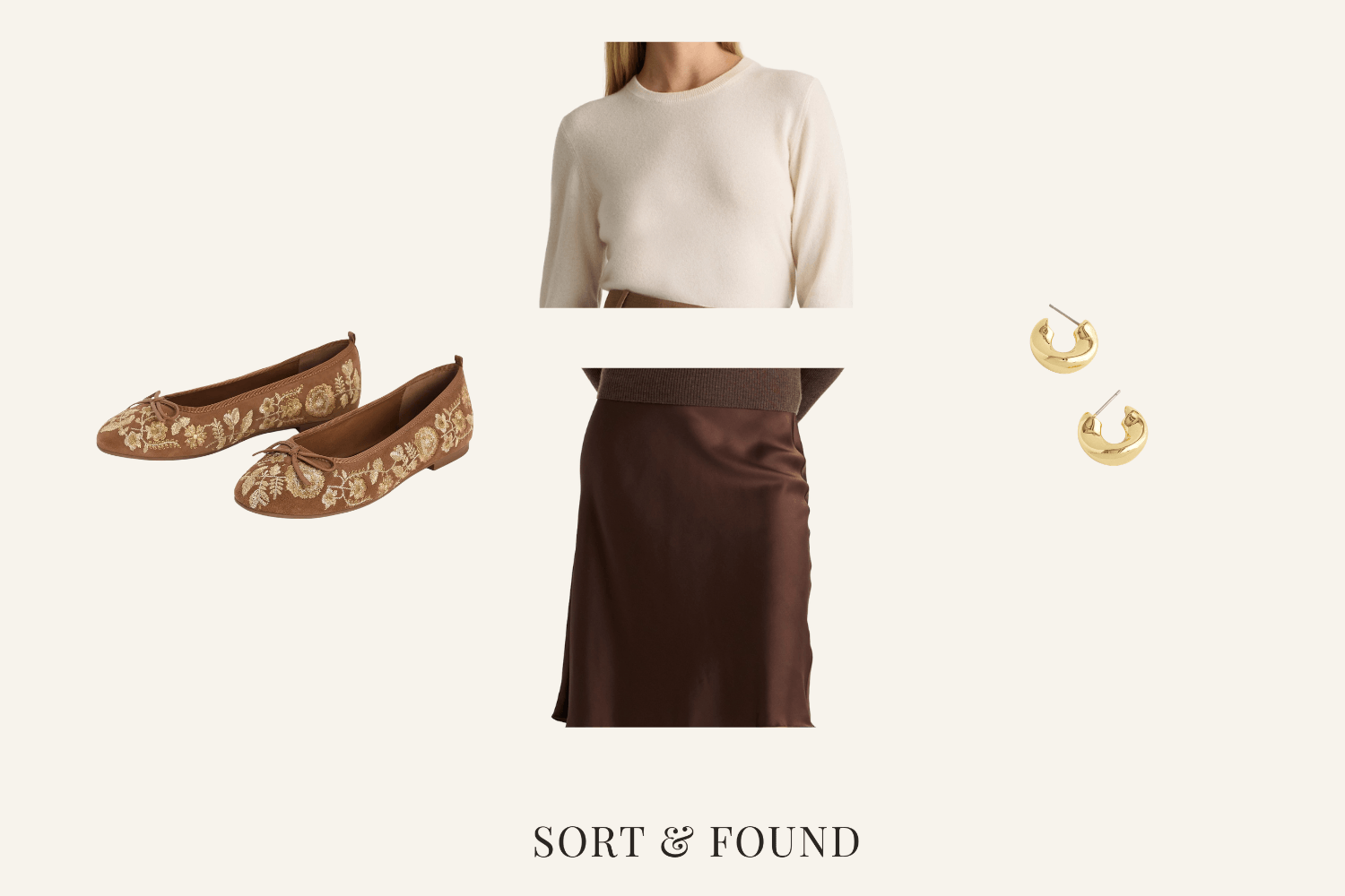 Ivory cashmere sweater, chocolate-brown silk midi skirt, brown ballet flats with gold floral embroidery and gold hoop earrings.