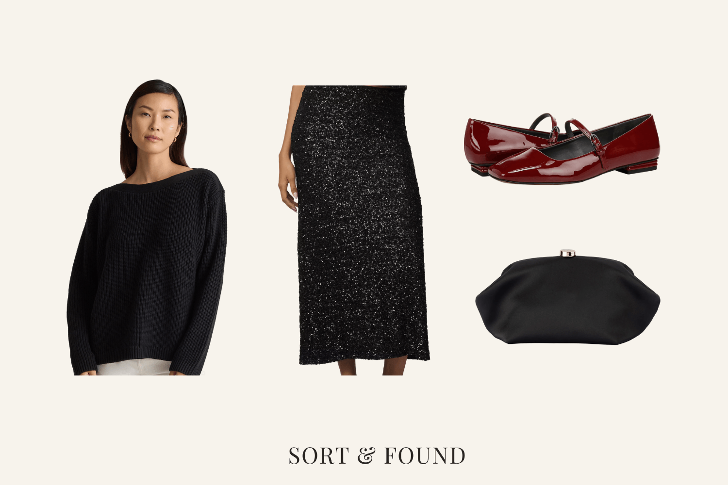 Black boatneck sweater, black sequin maxi skirt, red patent Mary Jane flats and a black satin clutch.