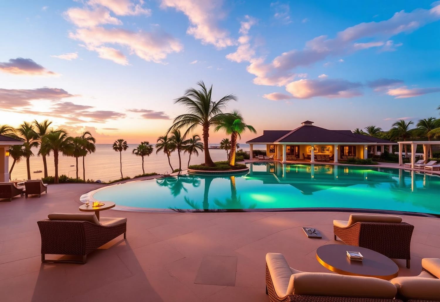 Clubhouse pool at sunset