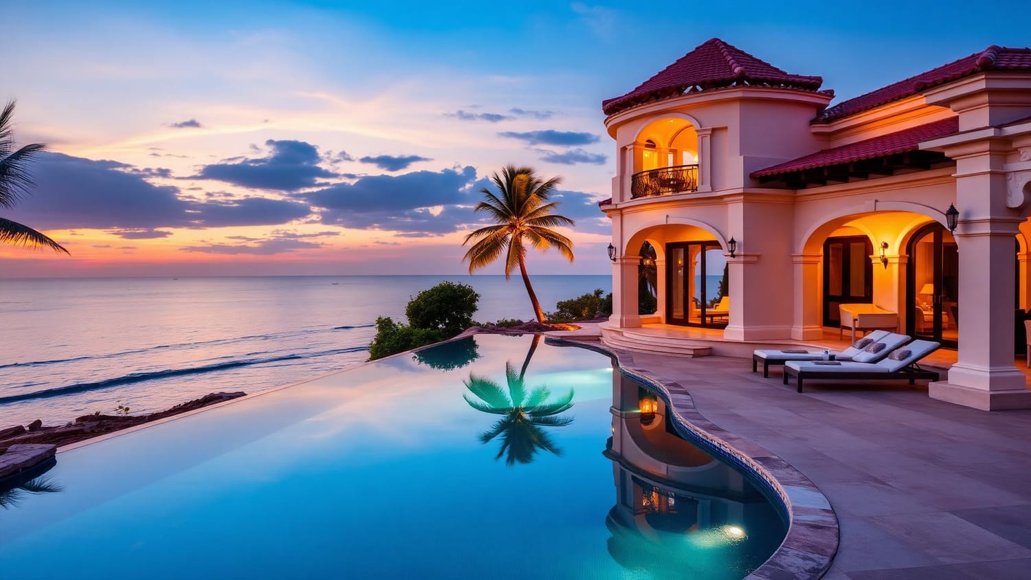 Miros Riviera Resort Villas — private pool villa at sunset overlooking the Arabian Sea in Vasco, Goa