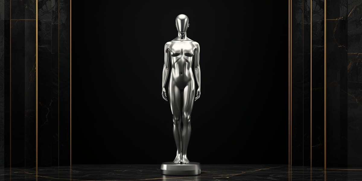 abstract silver living-statue silhouette, no identifiable face, elegant dark background, subtle gold accents
