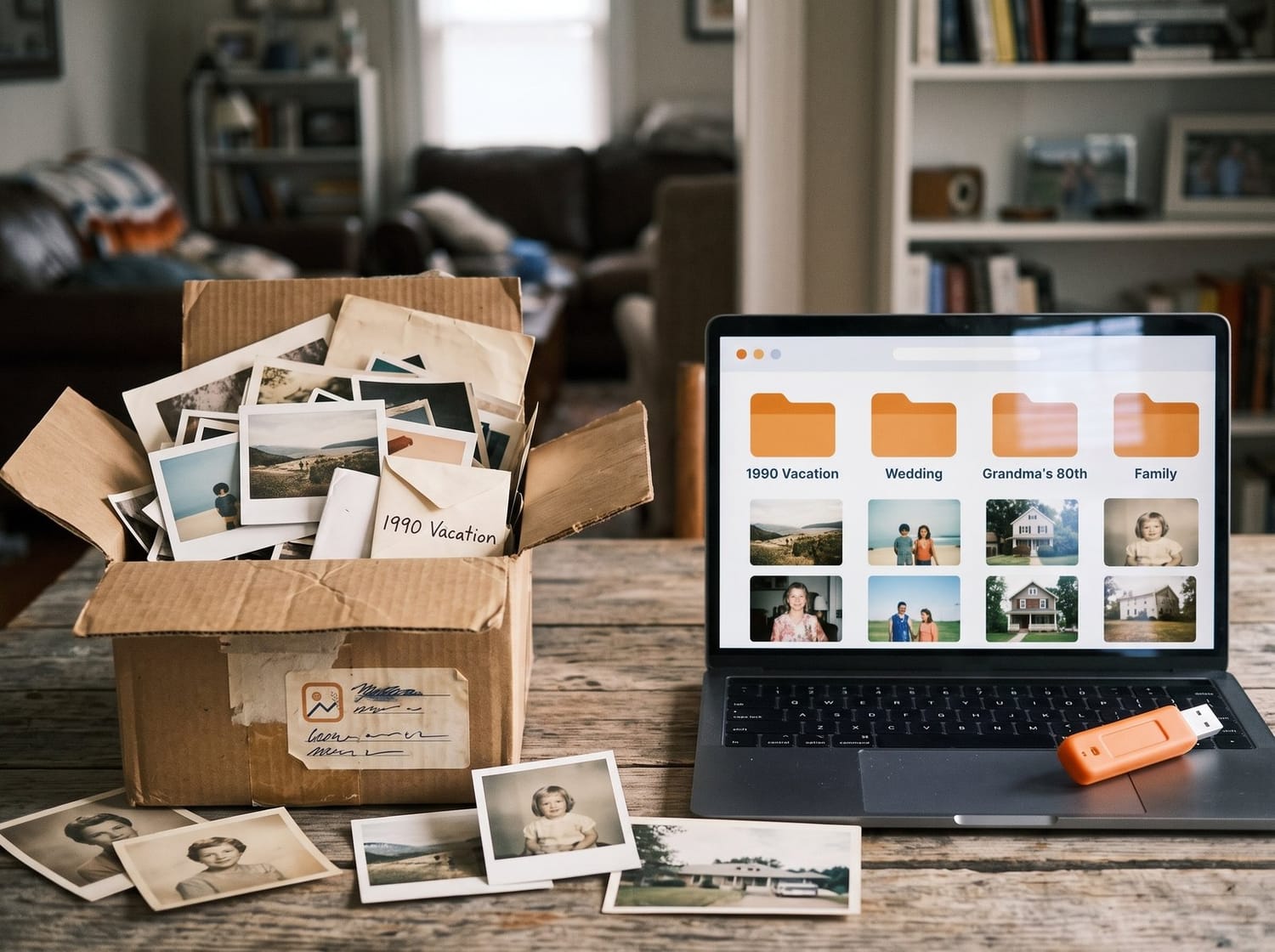 A box of old family photos next to a laptop showing them scanned into labeled folders, with a USB drive