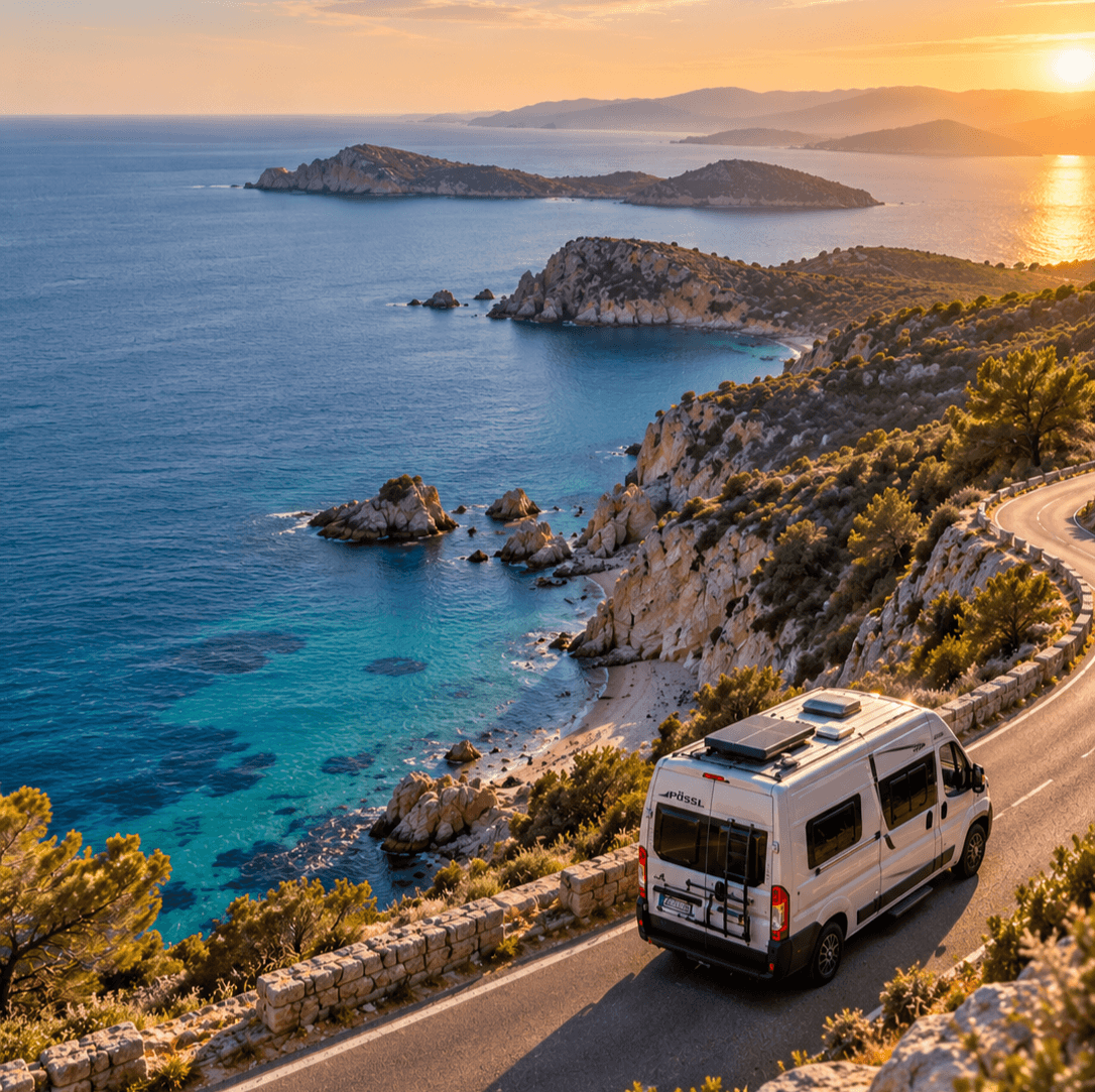 Pössl sur une route côtière – Kilomètre Intérieur, voyage et vanlife en famille.