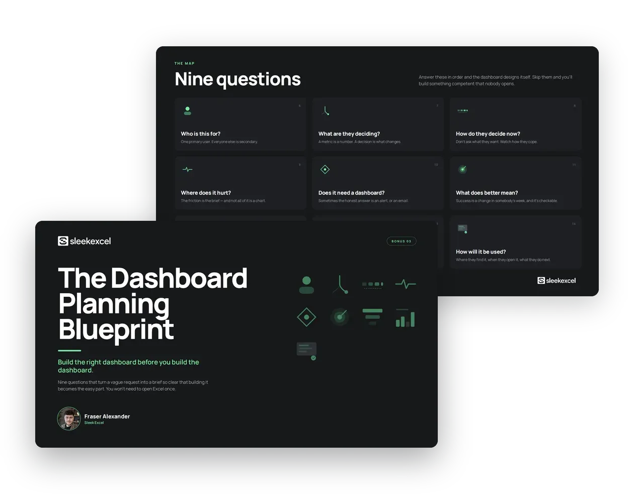 The Dashboard Planning Blueprint: the cover and the Nine Questions map from inside