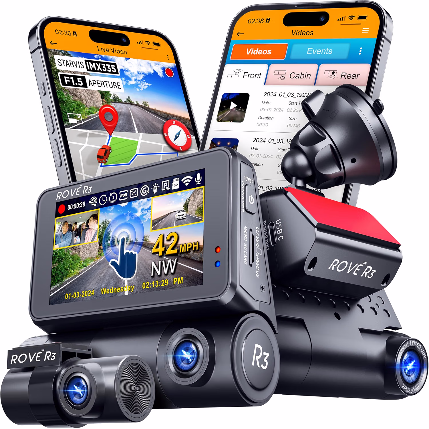 ROVE R3 3 Channel Dash Cam