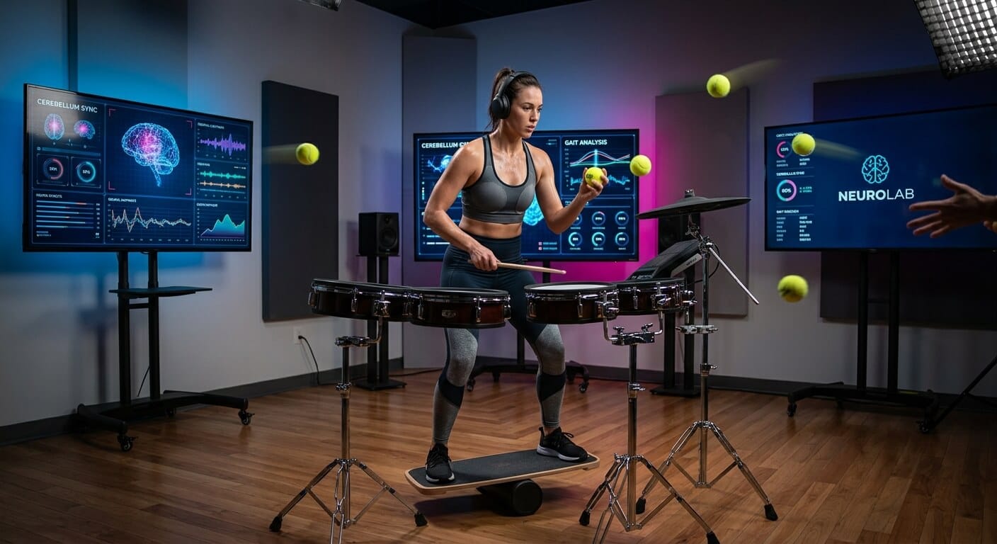 AI-generated illustration of a woman doing brain focused rhythm training drum session at XMPLA Studios in Wetherill Park