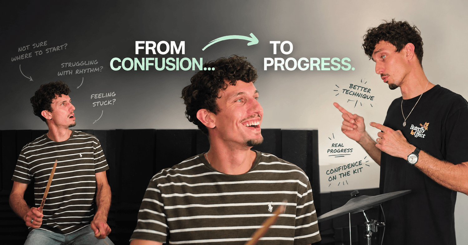 A drum lesson transformation graphic showing a student moving from confusion to progress. On the left, a frustrated drummer with text reading 'Not sure where to start?' and 'Feeling stuck?'. On the right, a confident drummer learning from an instructor with text reading 'Better technique' and 'Real progress'.