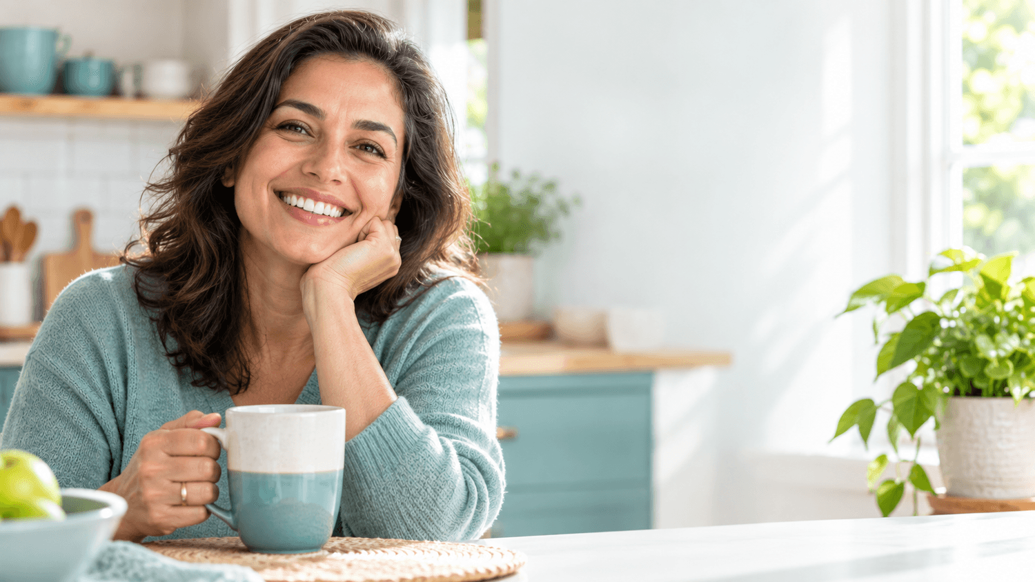 A relatable person with a healthy, natural smile at home