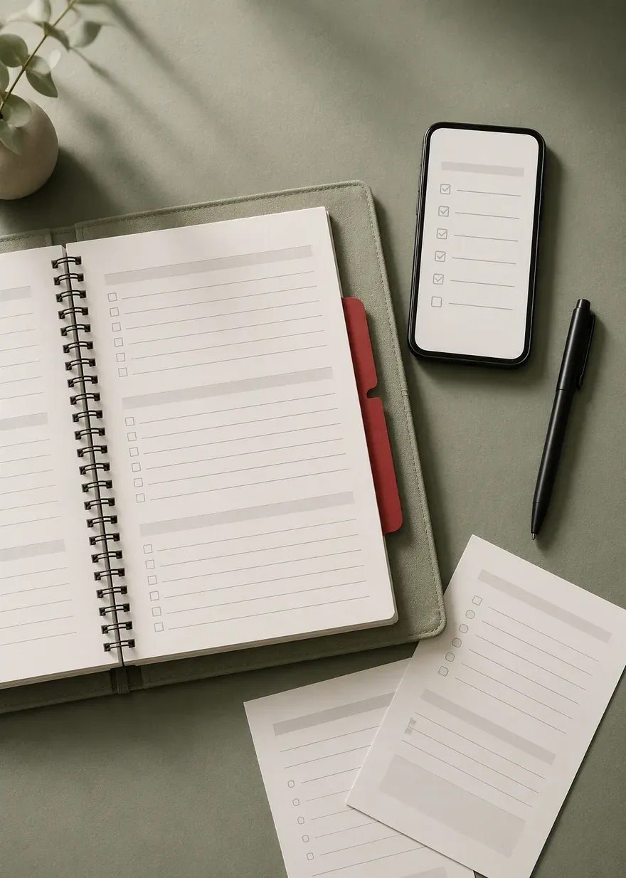 Interview preparation workspace with a notebook and phone checklist