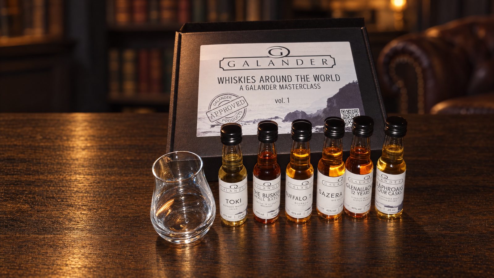 Die Probenbox mit Nosingglas und sechs nummerierten Whiskys