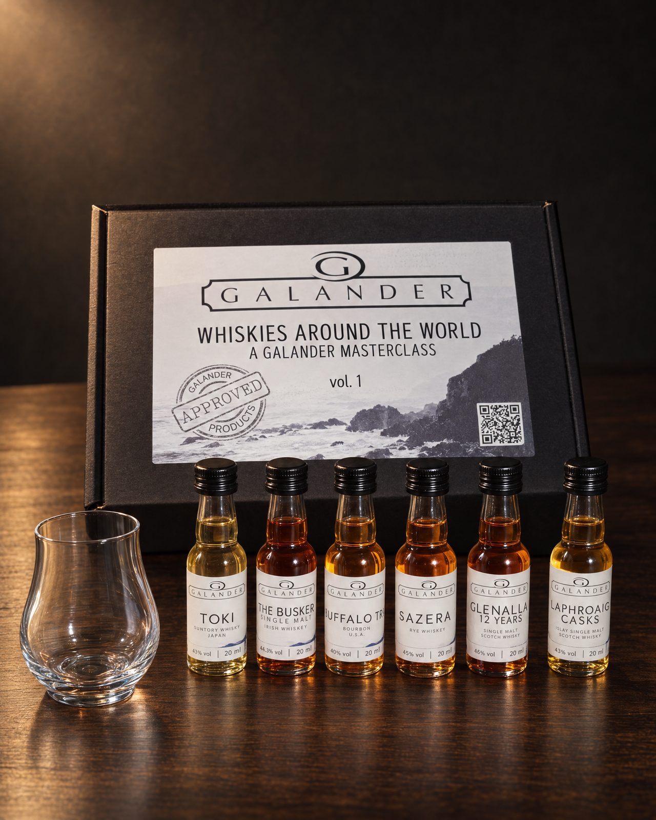 Die Probenbox mit Nosingglas und sechs nummerierten Whiskys
