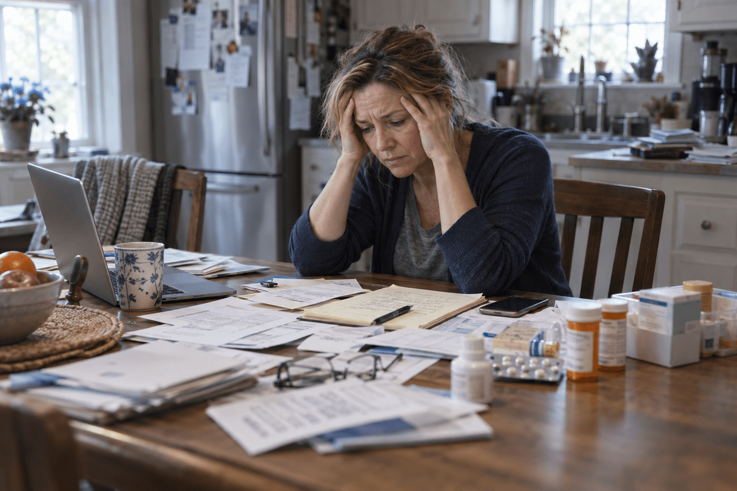 Overwhelmed adult daughter managing family caregiving paperwork and medications at home