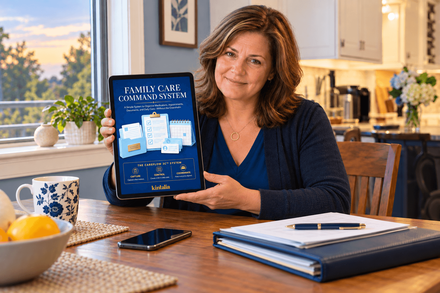 Family caregiver using the Kintalia Family Care Command System on a tablet