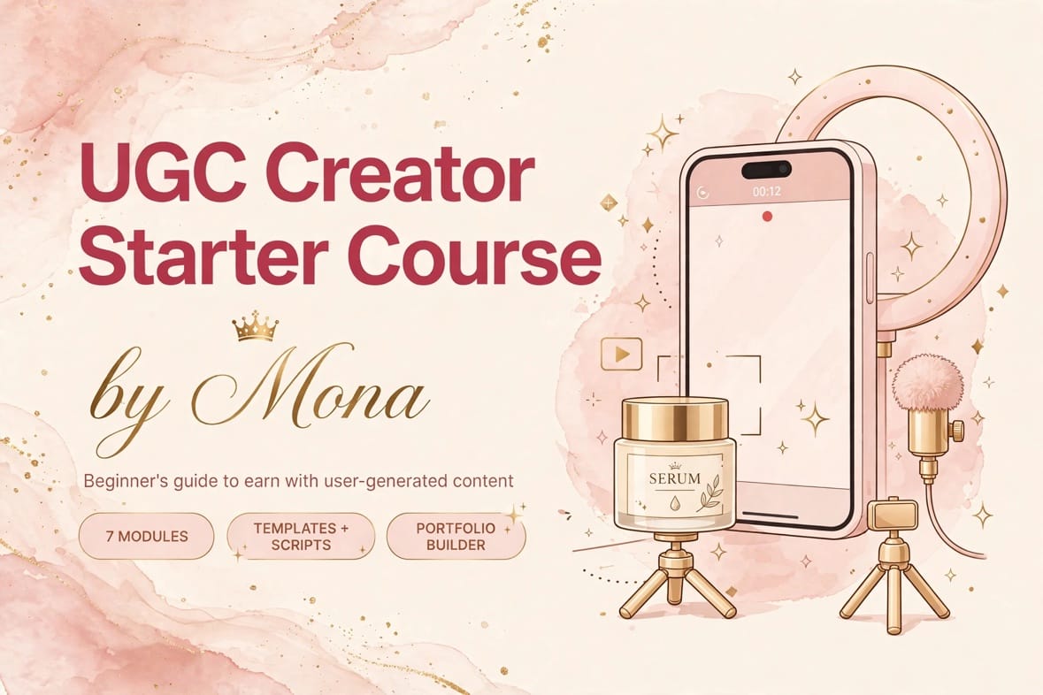 Pink and gold UGC Creator Starter Course cover by Mona, featuring a phone, ring light and microphone