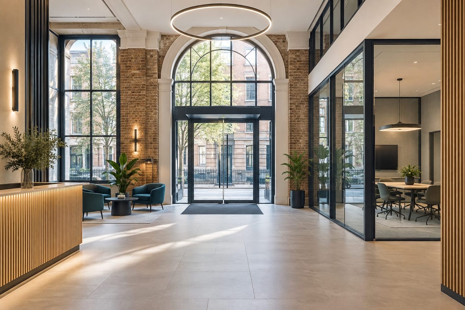 Illustrative refurbished commercial office interior with exposed brickwork, tall windows and glazed meeting rooms.