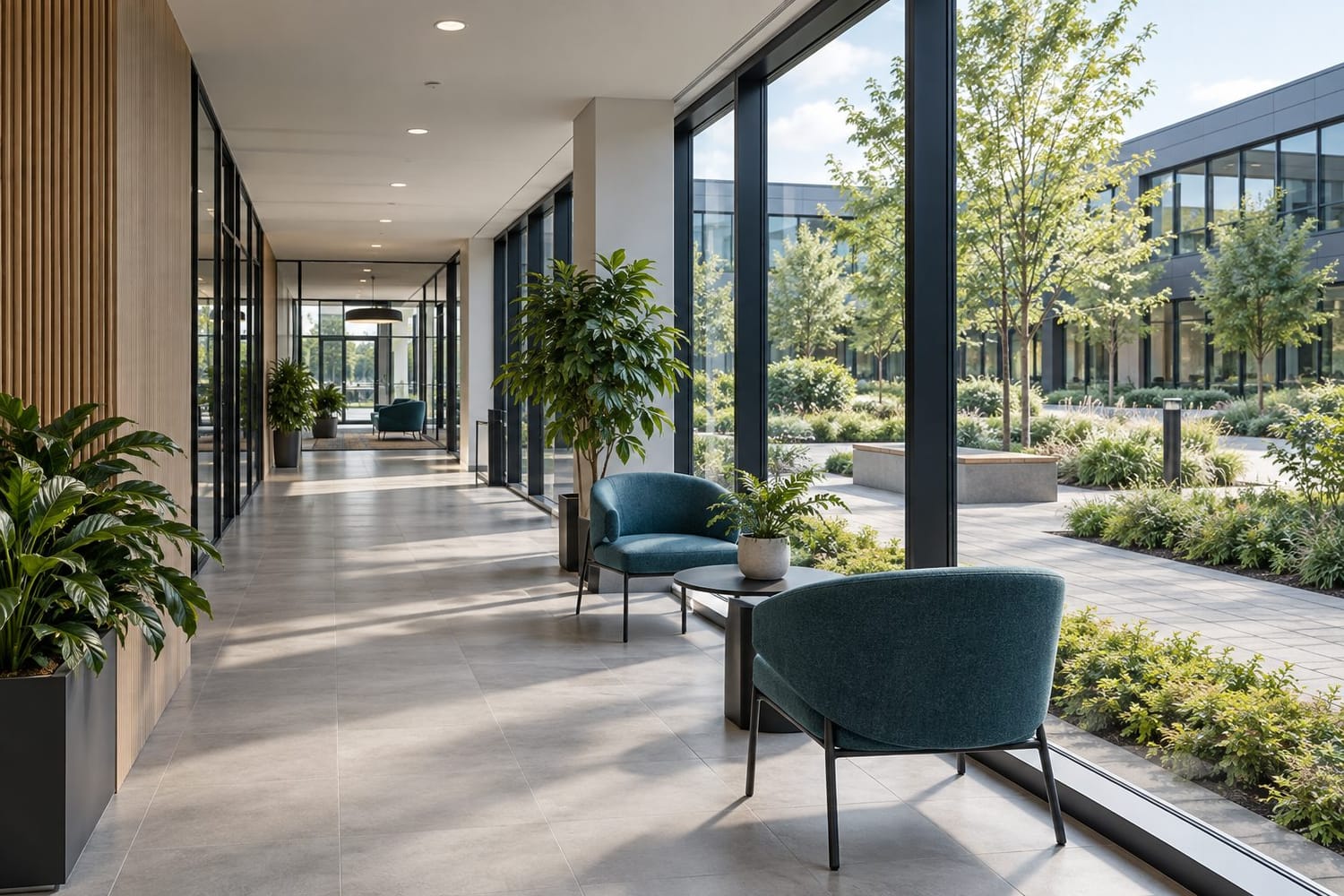Illustrative modern workplace with glazed circulation space and a landscaped commercial courtyard.