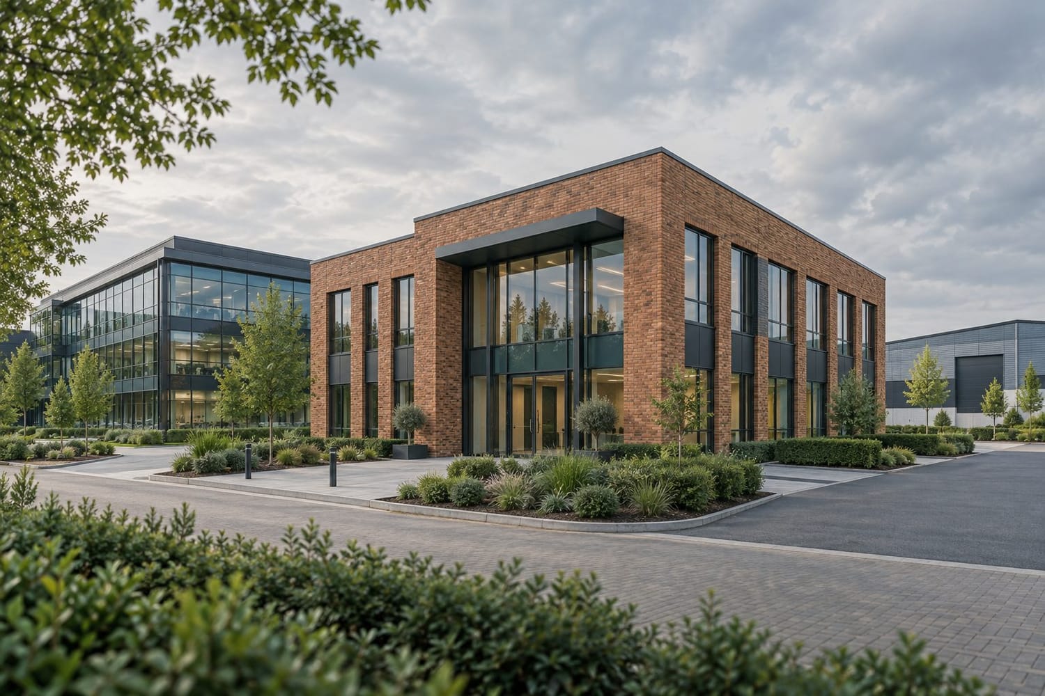 Illustrative UK commercial estate with red-brick offices, a glazed office building and landscaped grounds.