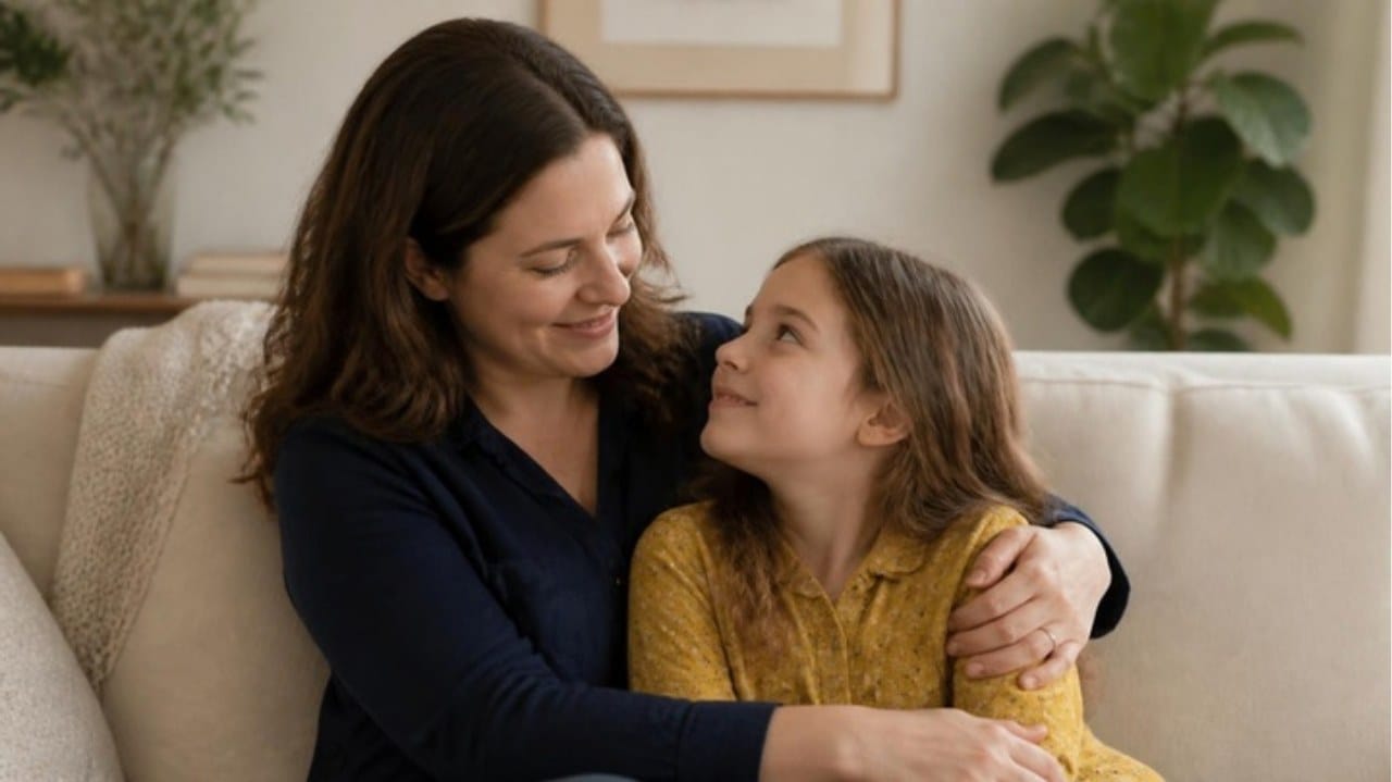 A mother and daughter sharing a calm hug