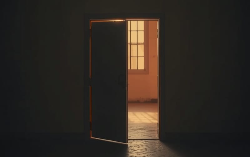 cinematic open prison door warm light elegant portrait