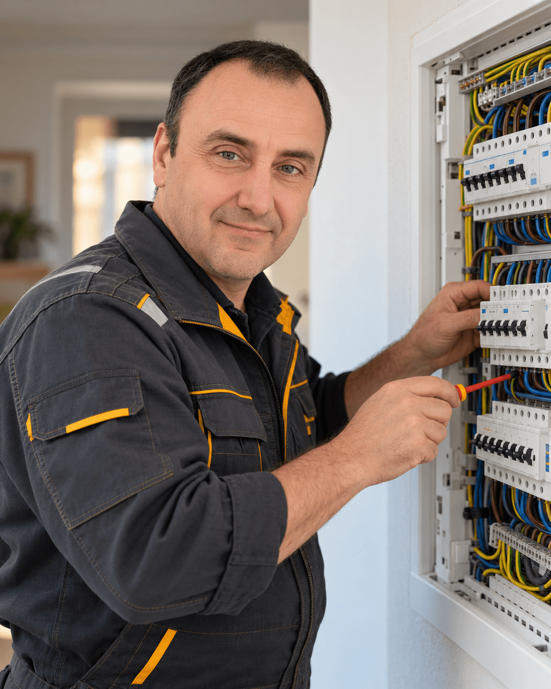 Gianluca Di Franco al lavoro su un quadro elettrico con tuta e attrezzi