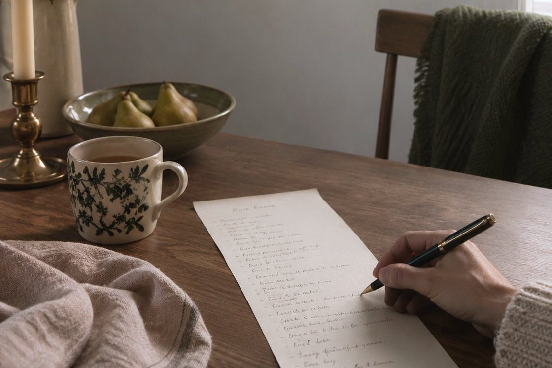 A hand writing a long handwritten list at a wooden table, with a lit candle, a bowl of pears and a patterned mug nearby.