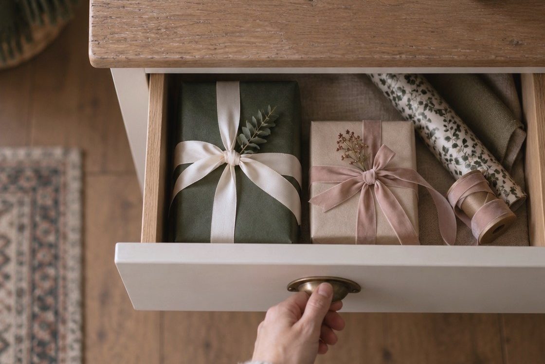 A hand opening a white drawer under a wooden table to reveal wrapped Christmas presents tied with ribbon and a roll of wrapping paper.
