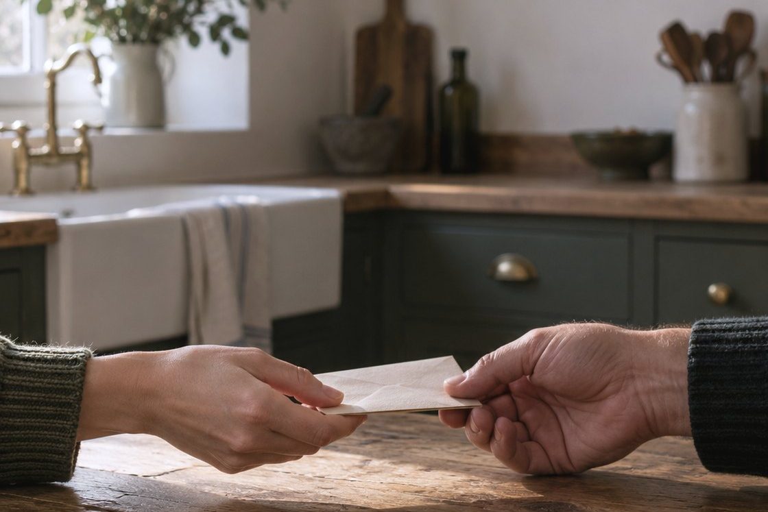One person handing a folded note to another across a wooden kitchen table.