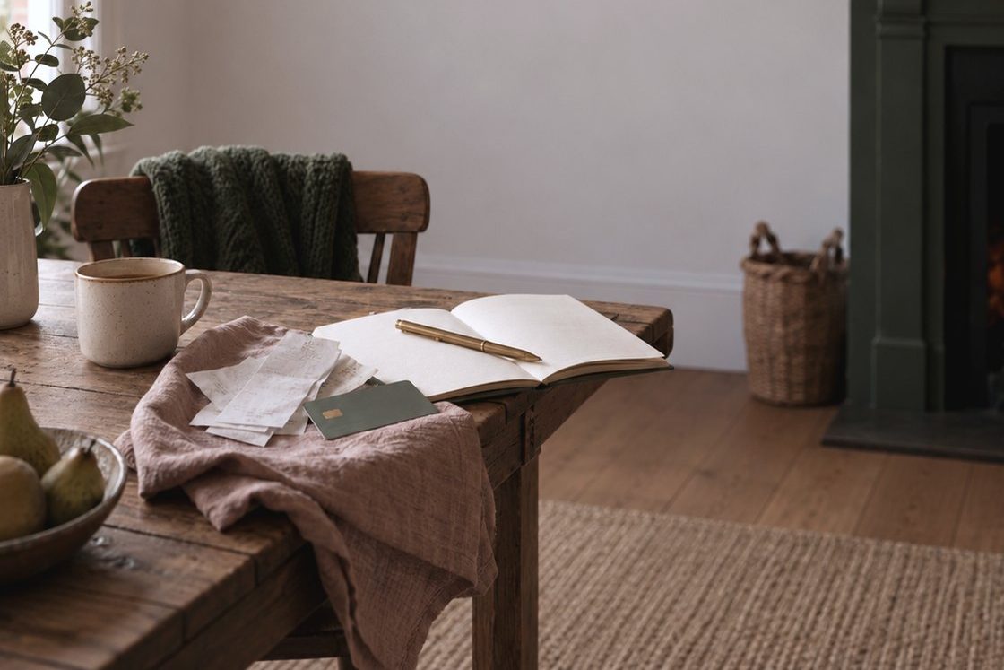 A wooden table with an open notebook and pencil, a few receipts and a bank card resting on a soft linen cloth.