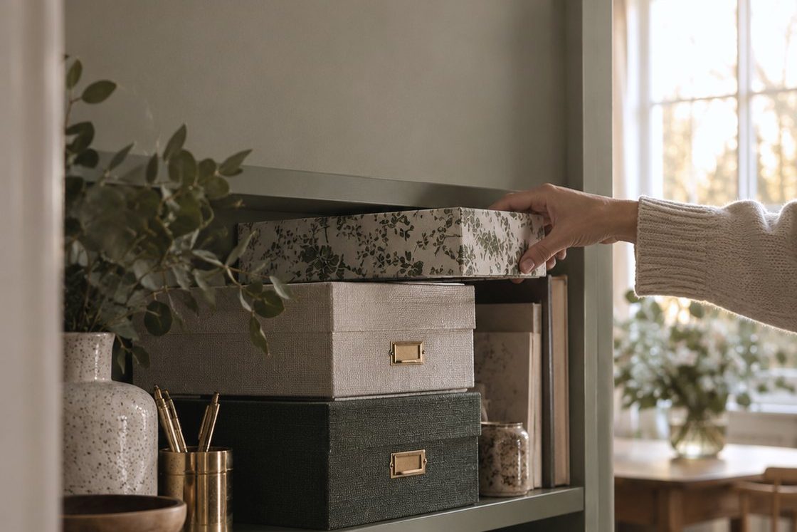 A hand placing a patterned storage box onto a shelf of neatly labelled boxes next to a window.