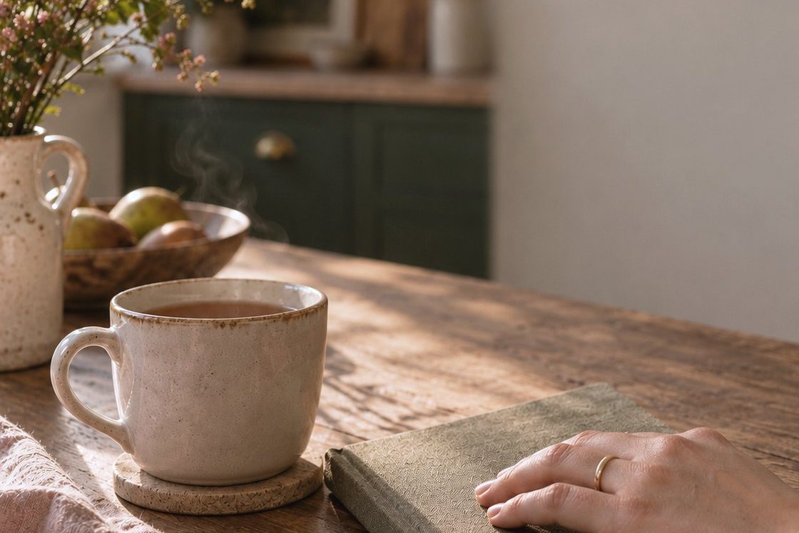 A warm, quiet kitchen table with a cup of tea on a coaster and a hand resting on a closed green notebook.