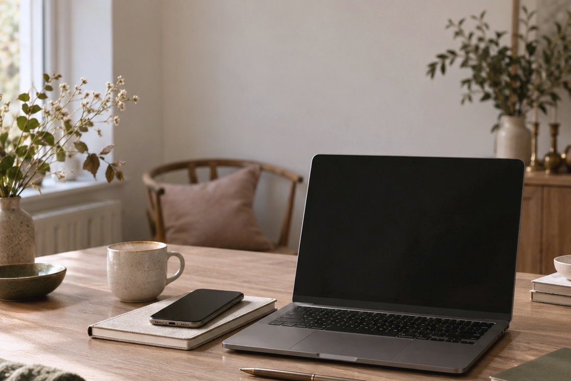 A calm, tidy kitchen table by a window with an open laptop, a phone on a notebook, a pen and a mug of tea.
