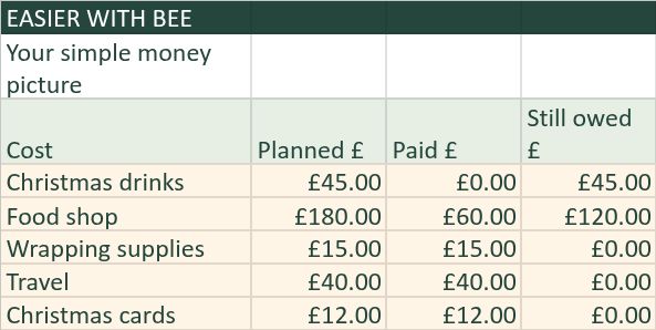 A fictional private organiser money sheet with planned costs, payments and refund examples.