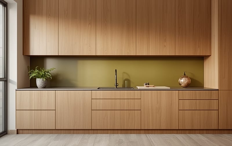 contemporary kitchen oak cabinets olive backsplash