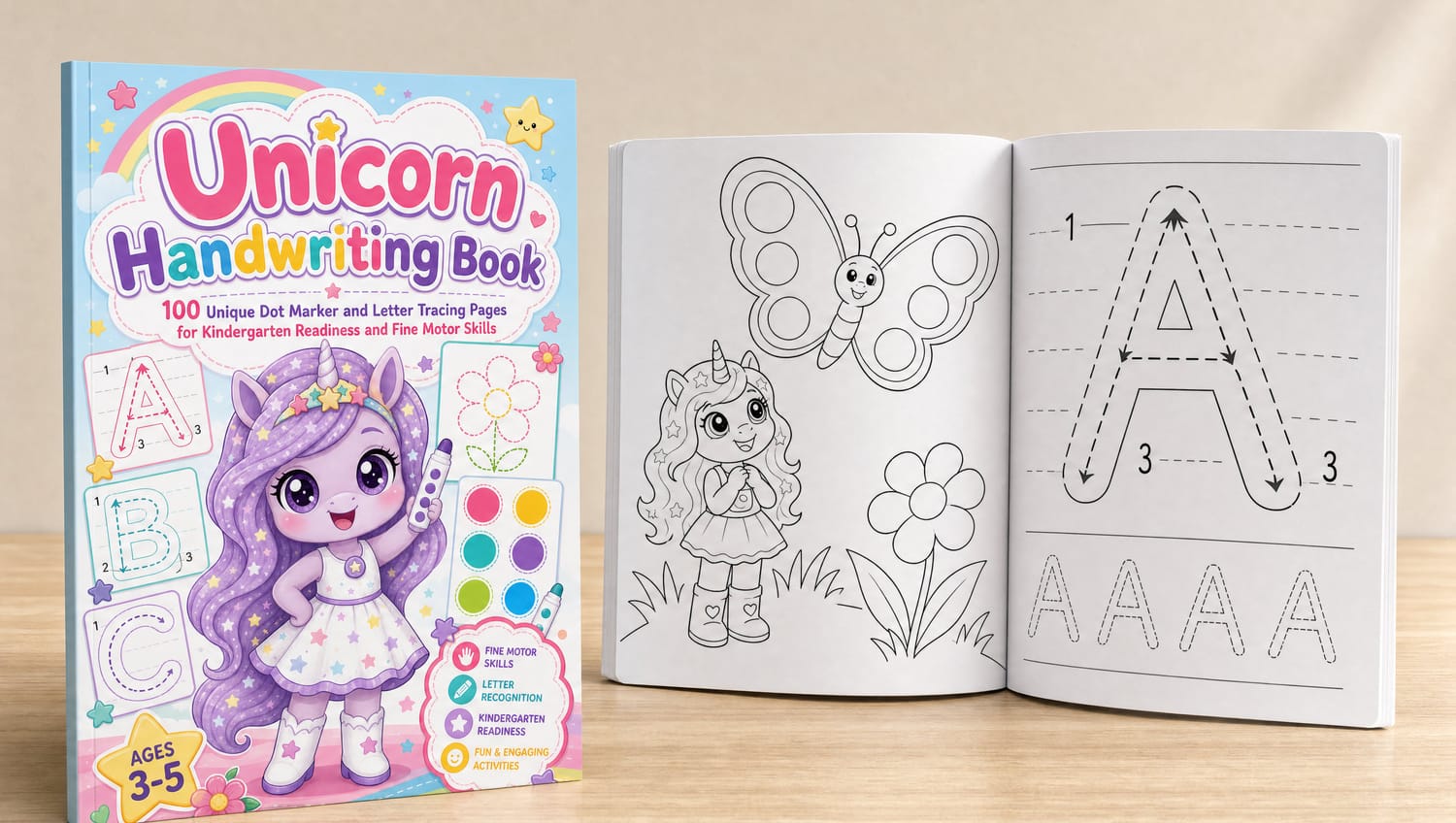 clean 3D mockup of two printable kids activity pages, cute unicorn character coloring page and tracing sheet, isolated on neutral background, studio lighting