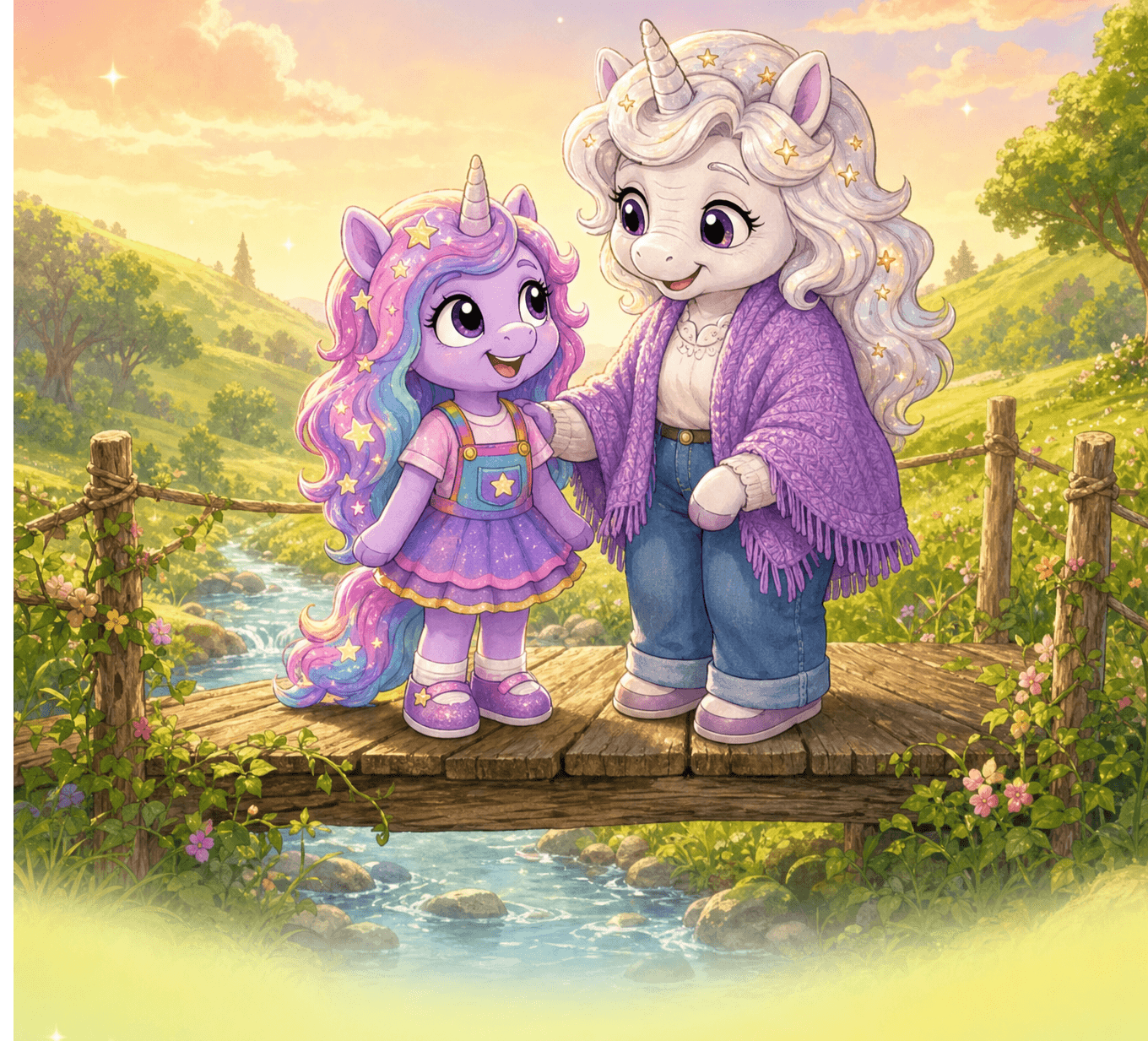 Promise and her grandmother standing together on a wooden bridge over a gentle stream, warm storybook illustration