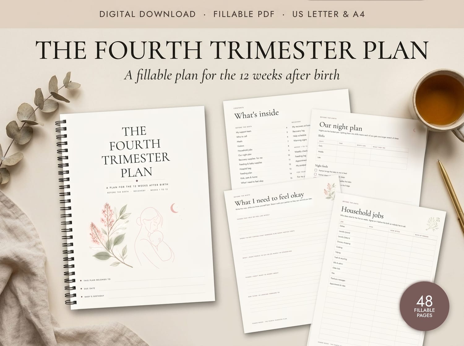 The Fourth Trimester Plan, a printed fillable planner open on a table showing the night plan and household pages
