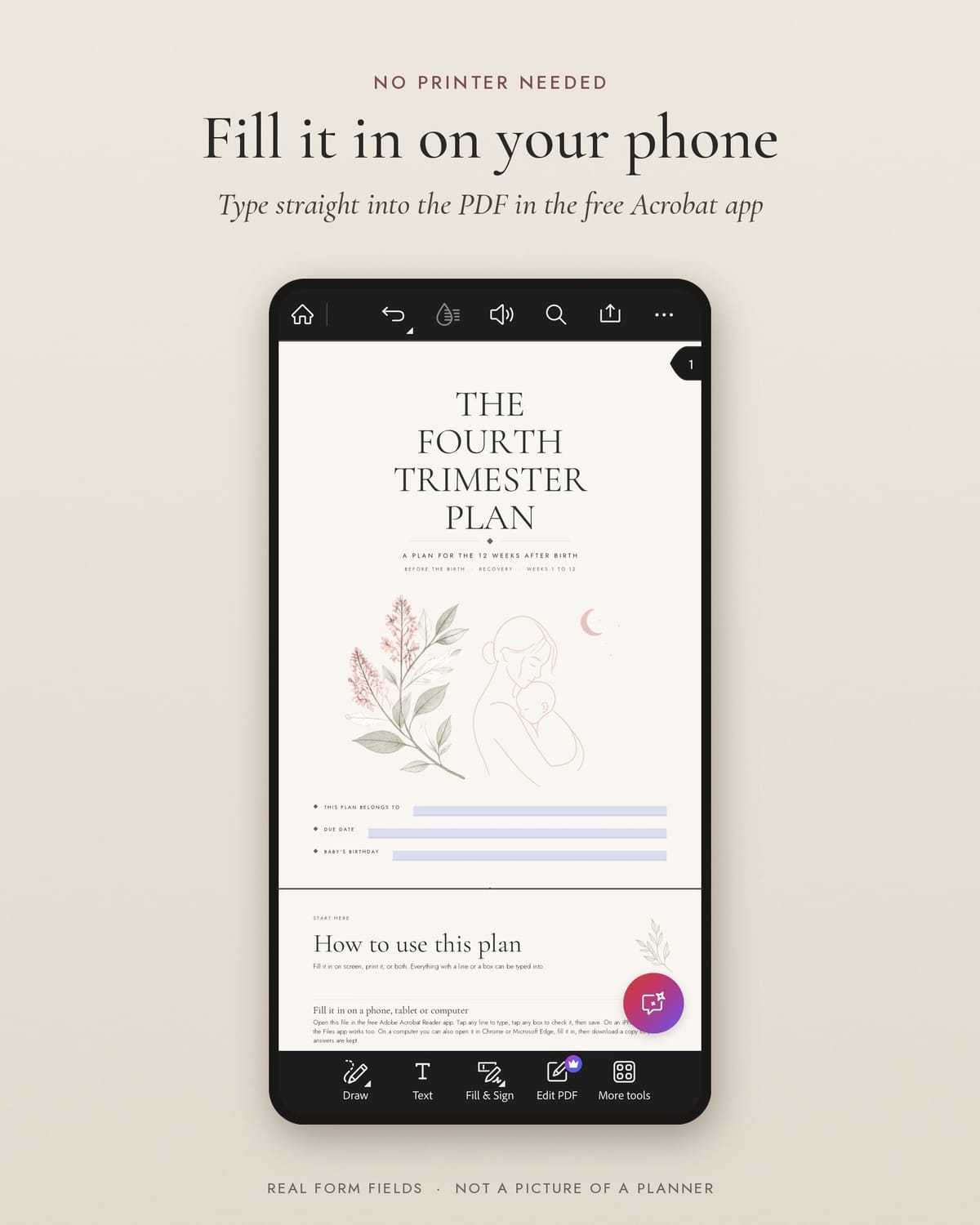 The planner open in the Adobe Acrobat app on a phone, with a name and due date typed into the cover