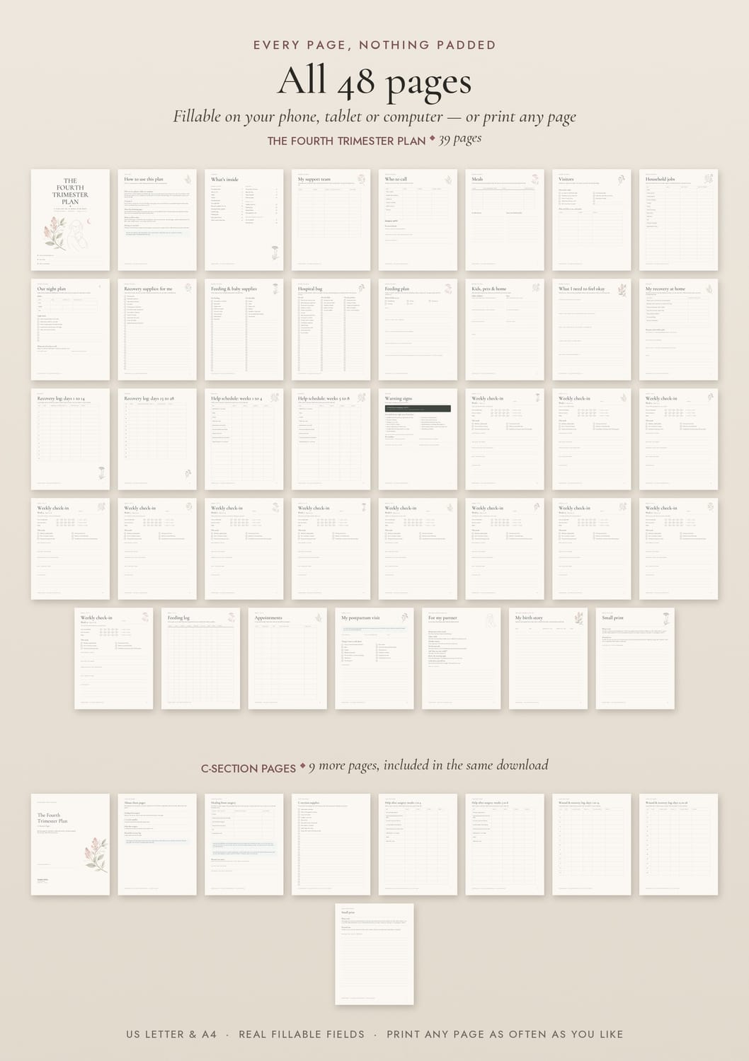 Thumbnails of all 48 pages: 39 planner pages and 9 C-section pages