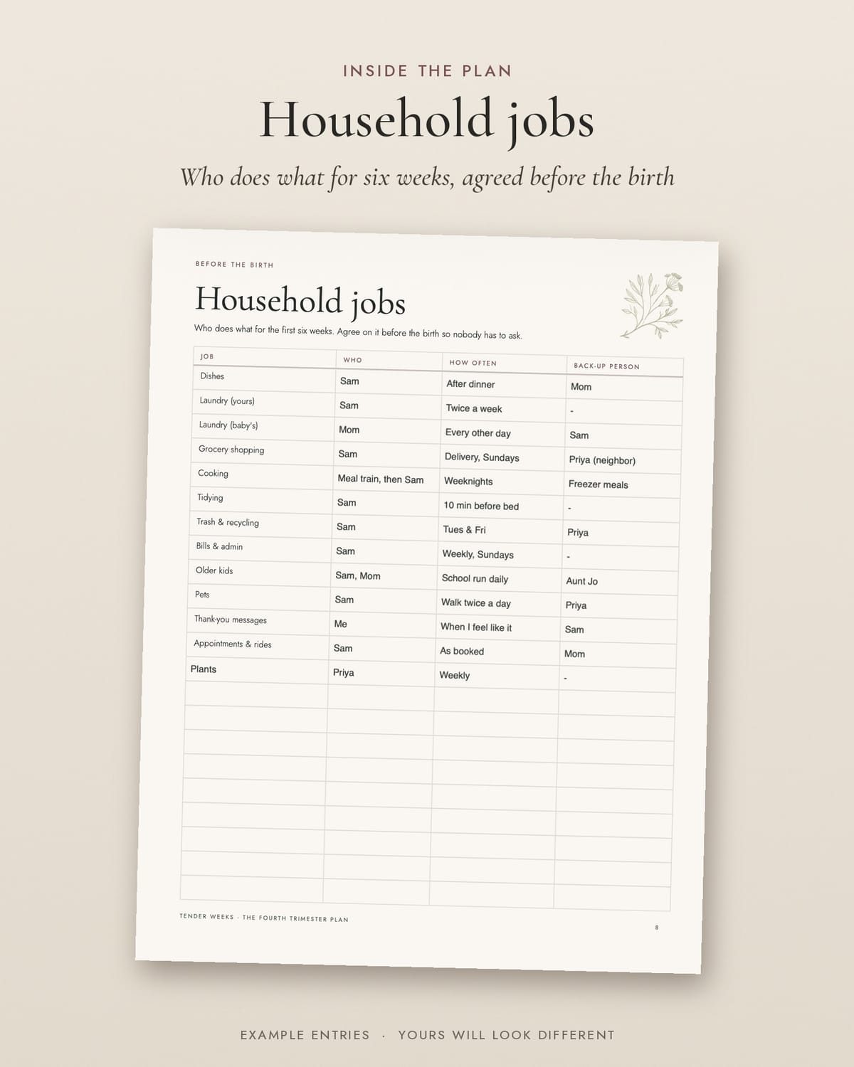 The household jobs page, filled in with who does dishes, laundry and pets for six weeks