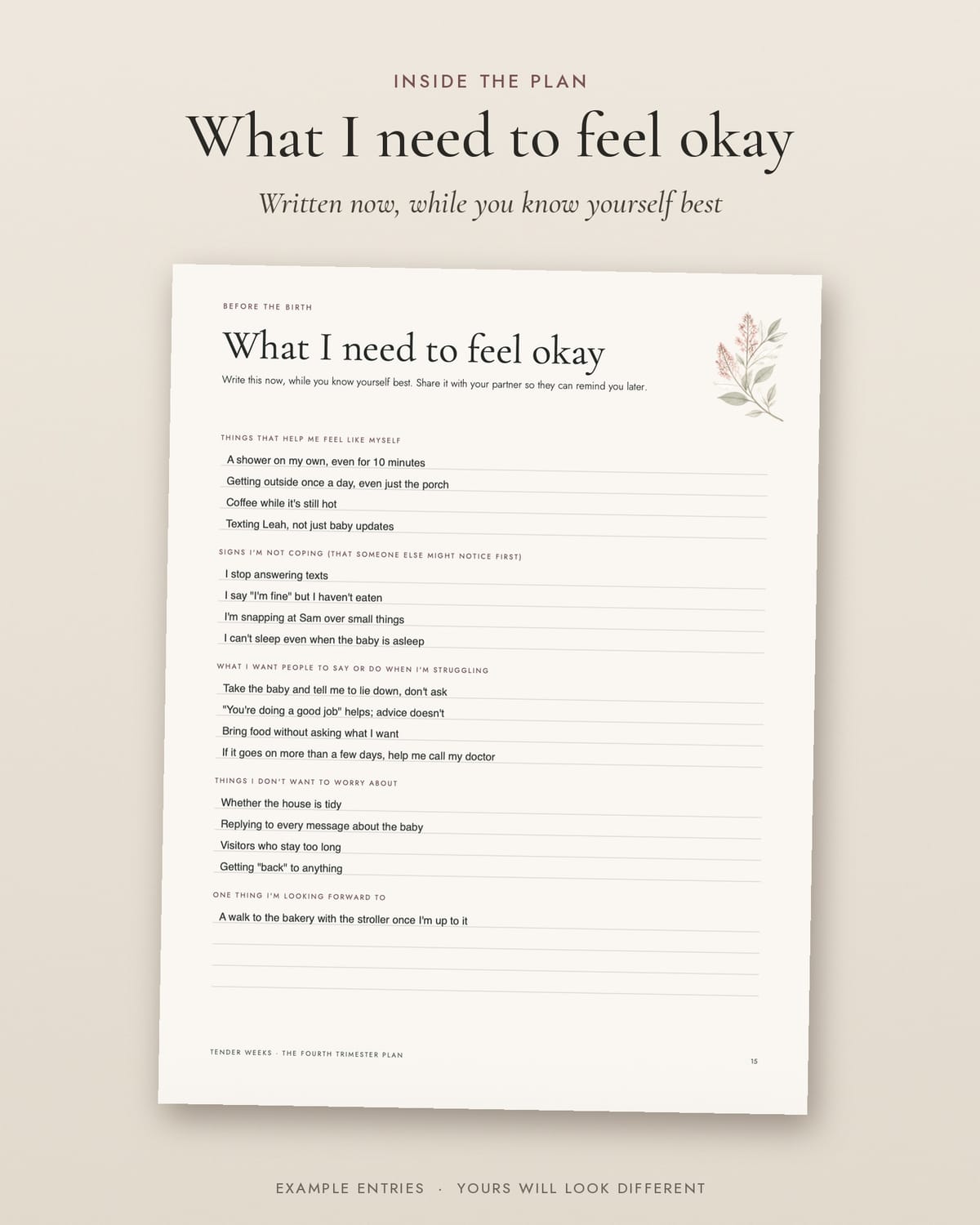 The What I need to feel okay page, filled in
