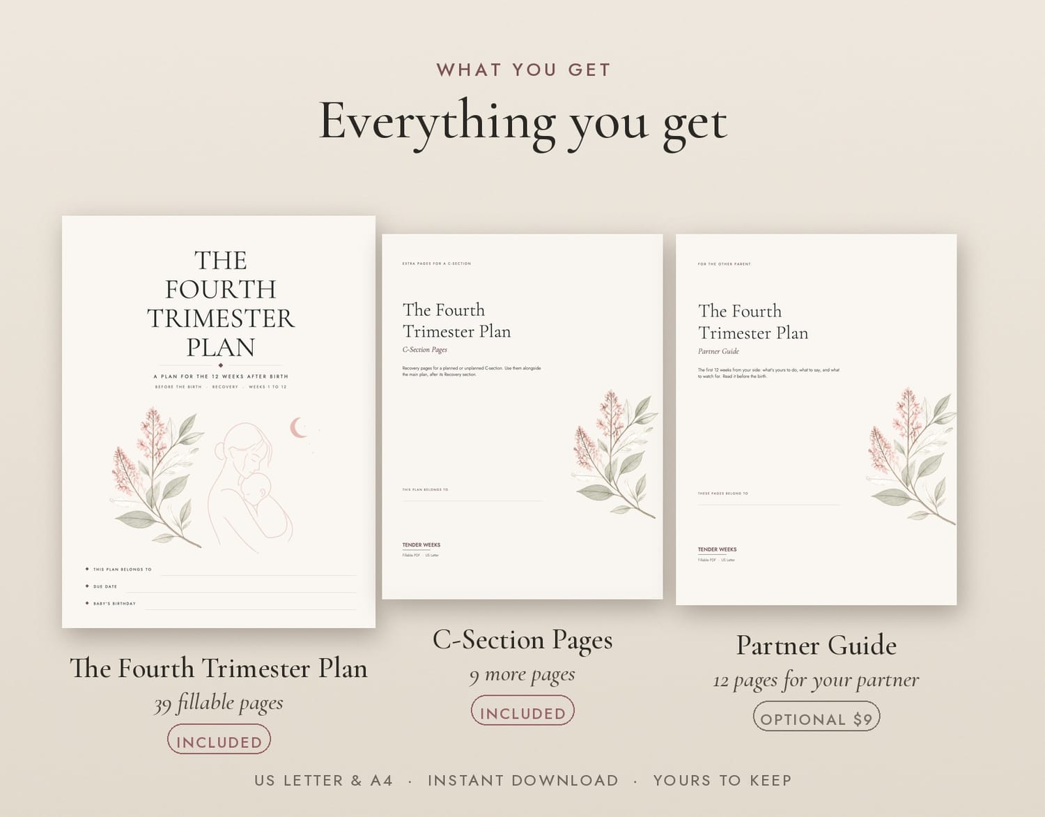 Everything you get: the 39-page planner and 9 C-Section Pages included, Partner Guide optional at $9